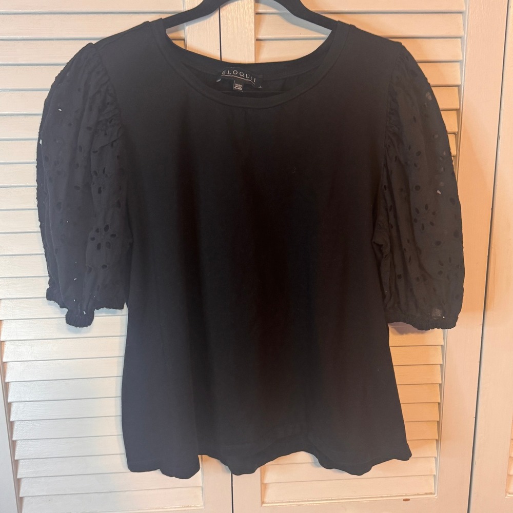 ELOQUII Plus Size Womens‎ Black Eyelet Puff Sleeve Top SZ 18/20